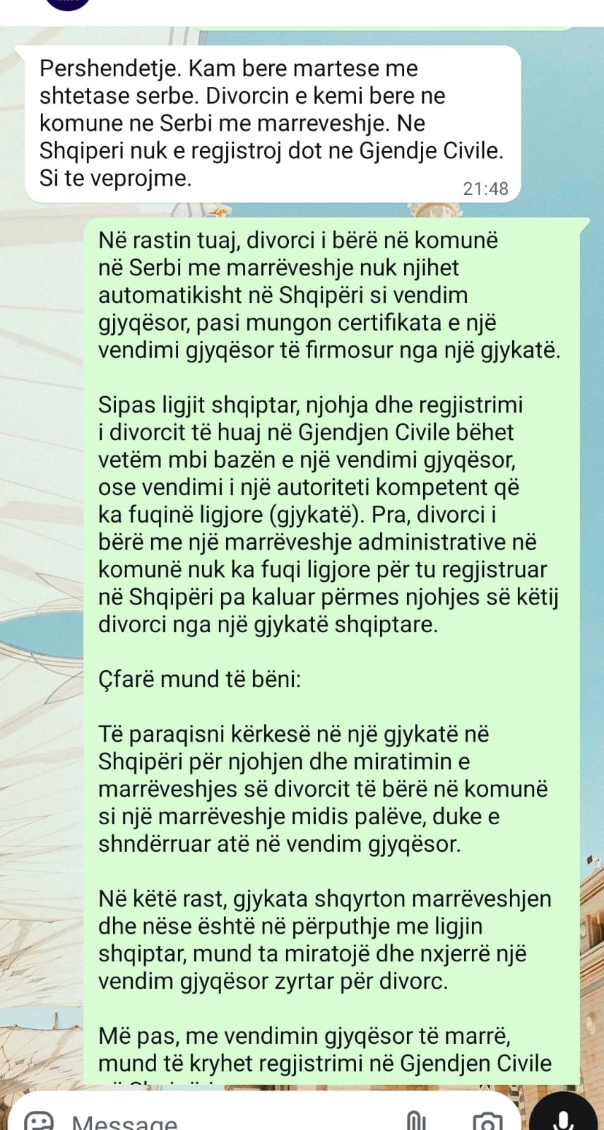 Pershendetje. Kam bere martese me shtetase serbe. Divorcin e kemi bere ne komune ne Serbi me marreveshje. Ne Shqiperi nuk e regjistroj dot ne Gjendje Civile. Si te veprojme?